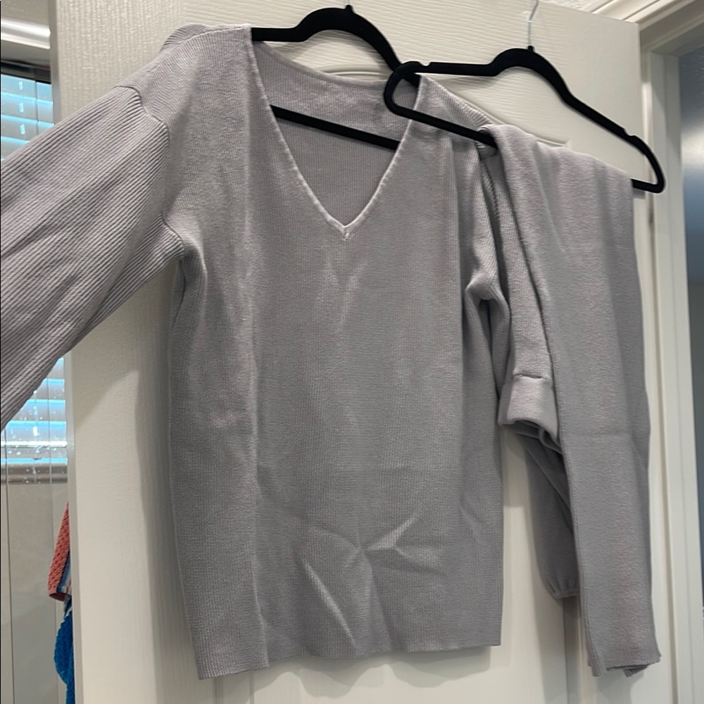 Gray V-Neck Sweater and Pants Set